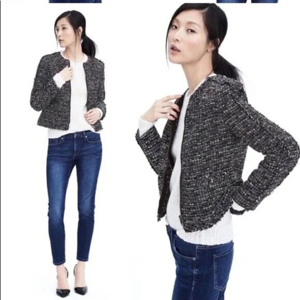 BANANA REPUBLIC Tweed Fringe Boucle Zip Navy Jacket Womens Size 0